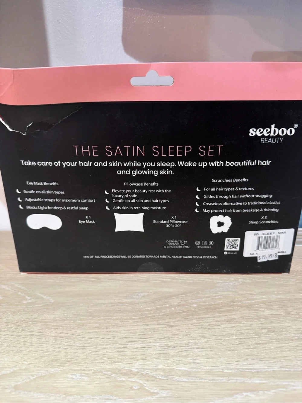 Beauty Satin Sleep Mask Set - scrunchies pillowcase Marble Gray